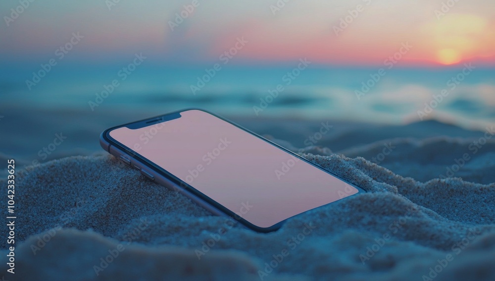 Poster sand on a beach with a phone lying on it. background is created using stock (ai).