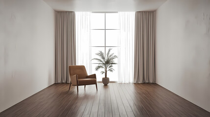Fototapeta premium Minimalist interior space featuring a cozy chair, potted plant, and large windows with sheer curtains for natural light.