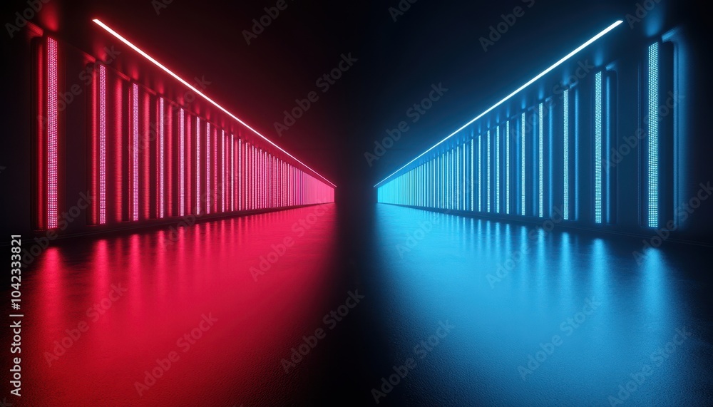 Aufkleber abstract corridor with dynamic red and blue neon lights reflecting on the floor, creating a visually