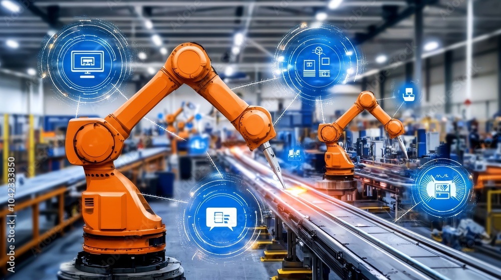 Poster interconnected mesh lines represent machine communication in a smart automated factory