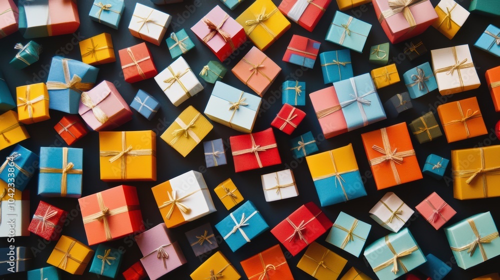 Poster Colorful gift boxes in multiple sizes are artfully displayed, creating a cheerful and inviting atmosphere perfect for celebrations. Generative AI