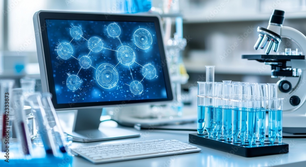 Poster digital data streams glow from a dna sequencing machine in a sterile lab