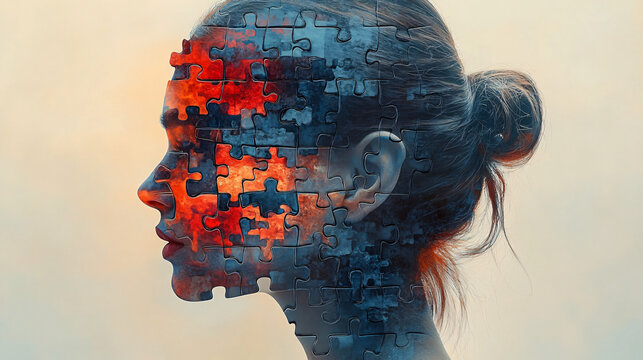 A silhouette of a human face with disintegrating puzzle pieces symbolizes unraveling thoughts, ideal for mental health awareness campaigns and events related to introspection.