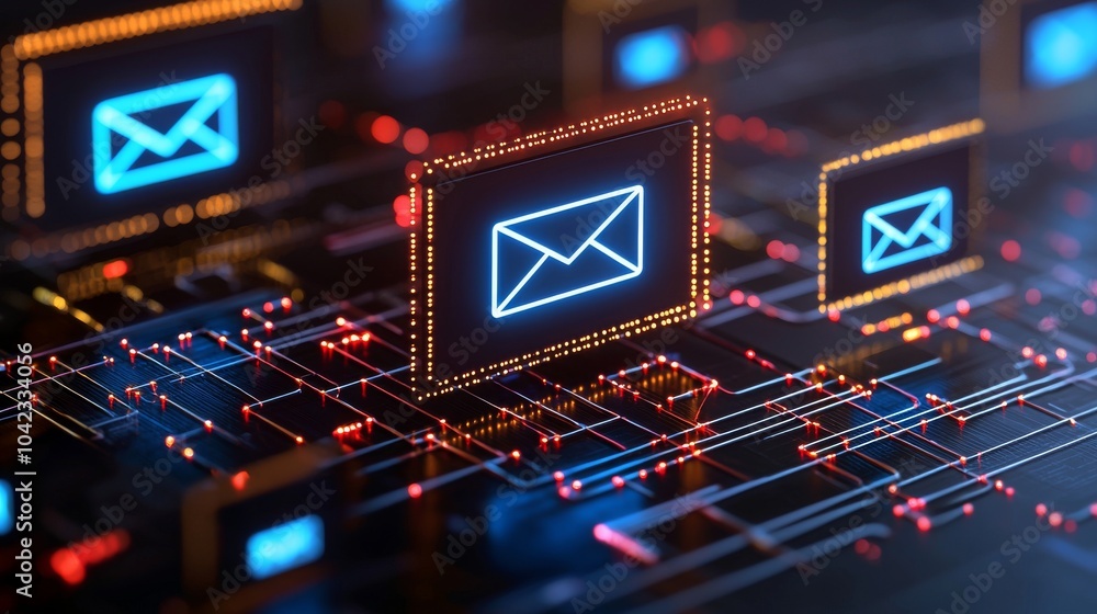 Poster data streams and binary code surrounding email icon emphasizing its role in information technology