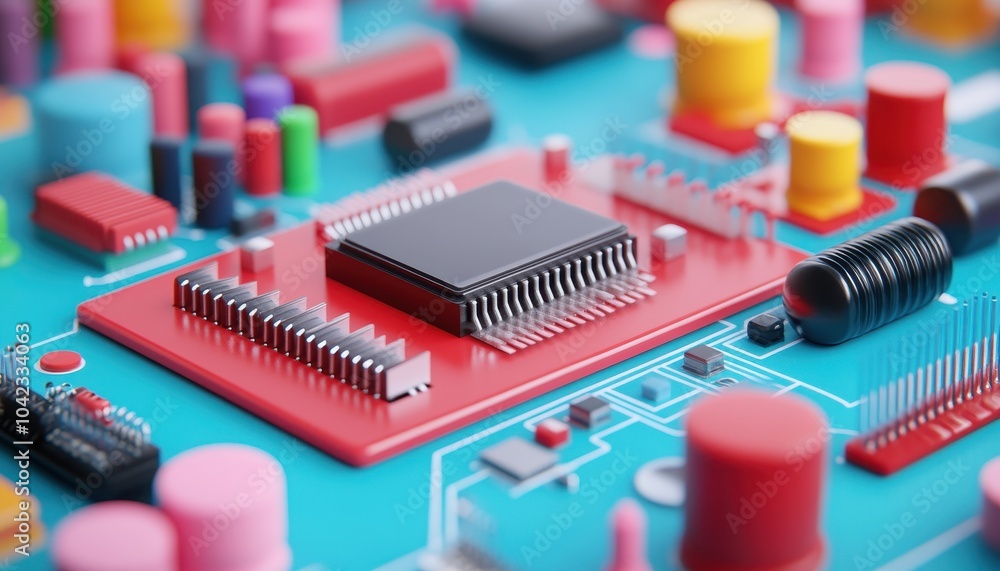 Poster close-up of a colorful circuit board featuring intricate details of electronic components.