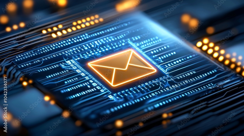 Poster in keeping with the importance of email, binary code and digital data streams surround the icon of e