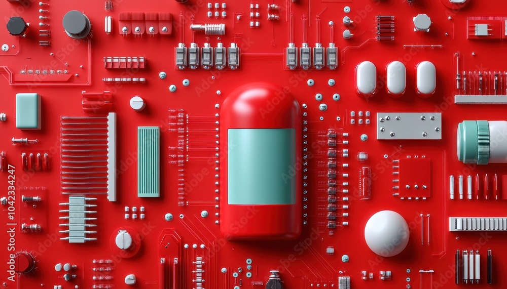 Poster close-up of a vibrant red circuit board, featuring various electronic components and structures.