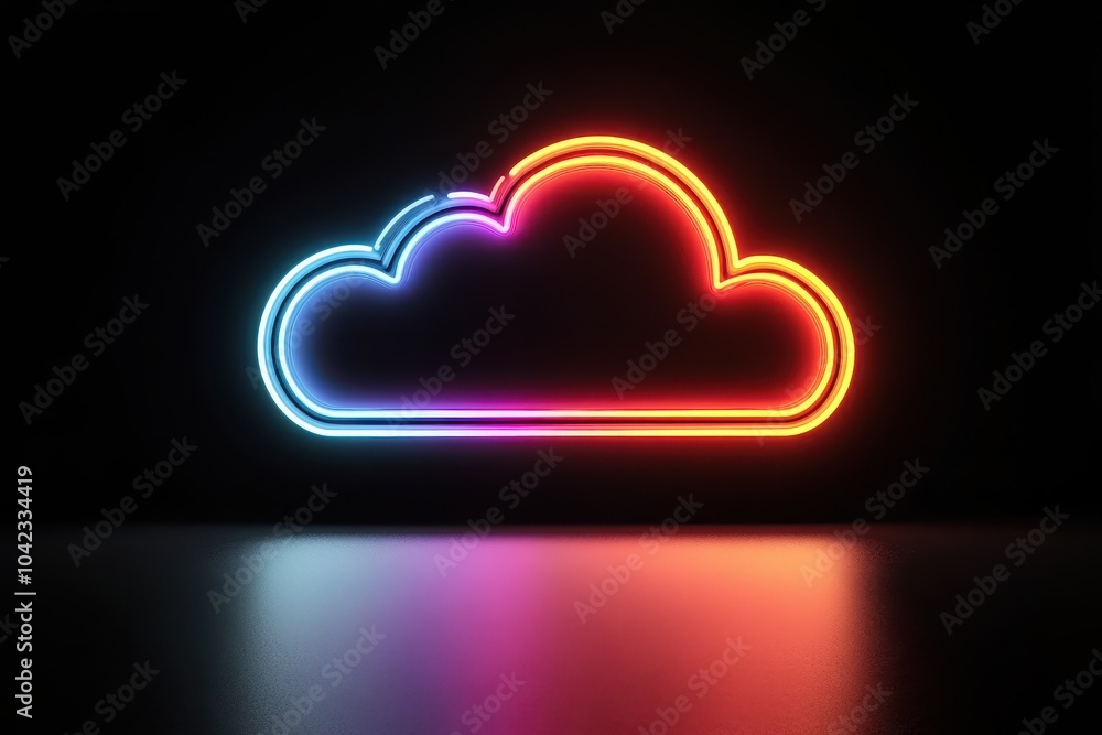 Poster colorful neon cloud icon glowing on dark background with reflective surface. cloud technology and da