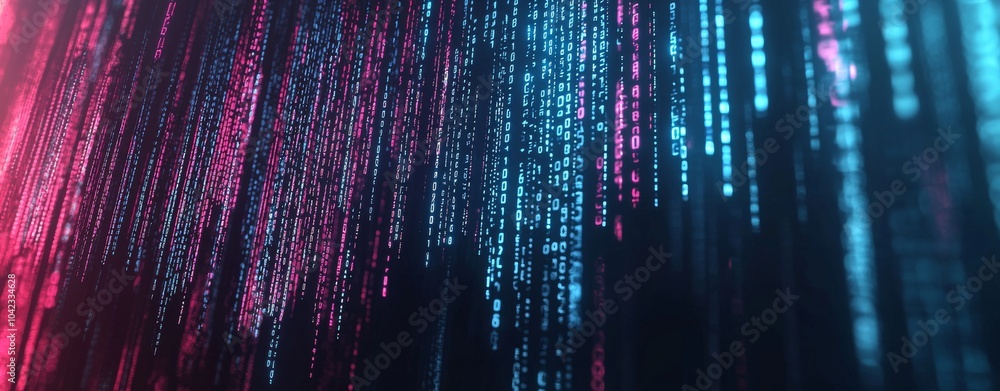 Poster data technology background with binary code and glowing lights. digital services, neural networks, s