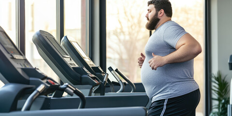 Overweight fat man running treadmill machine in the gym. Obesity, cardio exercises for weight loss