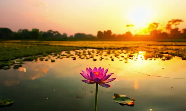 Tracking shot with vibrant sunrise colors: The camera starts by focusing on a lotus flower in a pond with the first light of sunrise. It tracks back to reveal the flower bathed in vibrant sunrise colo