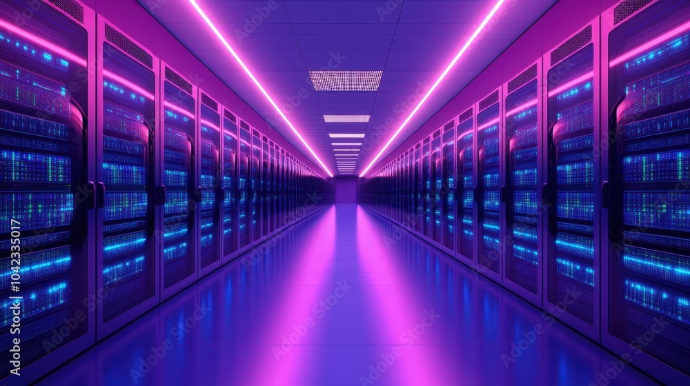 Poster futuristic server room with bright neon lights and rows of data servers, showcasing advanced technol