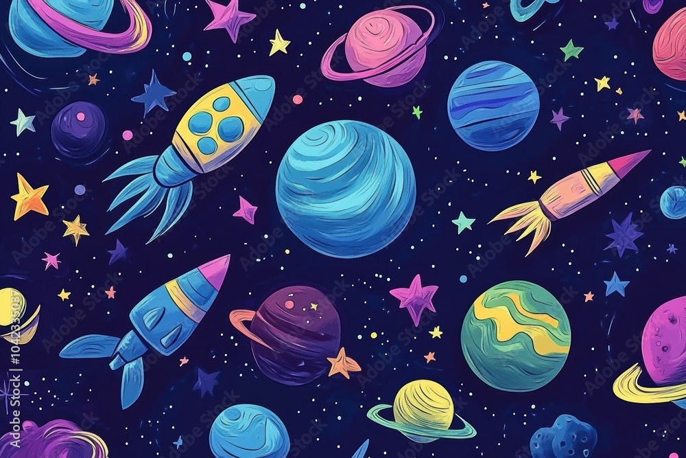Aufkleber whimsical cosmic elements include playful rockets, swirling planets, and twinkling stars, creating a