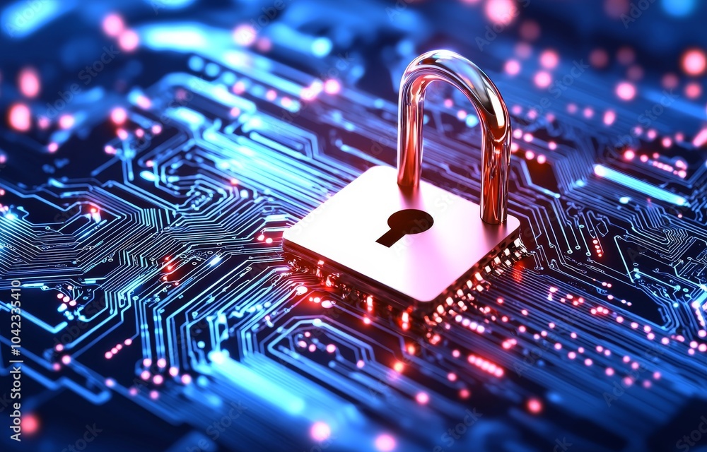Poster a lock on circuit pattern is an example of data security and cybersecurity.
