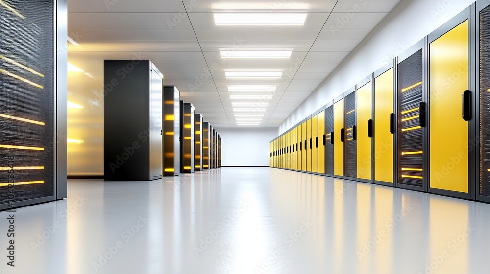 Poster an image of a state-of-the-art data center complete with rows of server racks, cooling systems, and 