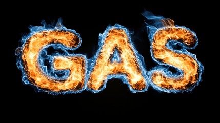 Fiery letters spelling 'GAS' with blue flames against a black background, AI