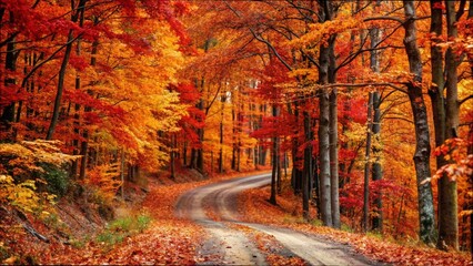 Fototapeta premium A dirt road winding through a forest of vibrant autumn trees, showcasing the beauty of fall foliage
