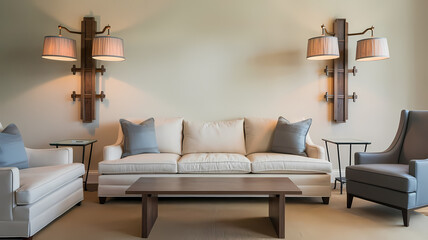 Stylish living room with a cream sofa, accent chairs, and modern lamps, perfect for cozy and elegant interior decor.