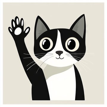 Cute black and white cat waves hello