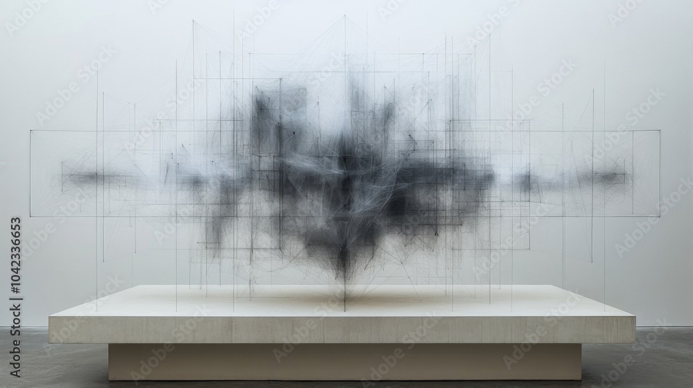 Aufkleber The artwork features a striking abstract sculpture combining delicate lines and dark, smoky textures, displayed prominently in a minimalist gallery space.