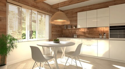 White furniture, a table and two chairs, and wood accents on the walls, ceiling, and backsplash characterize this chic and contemporary kitchen.