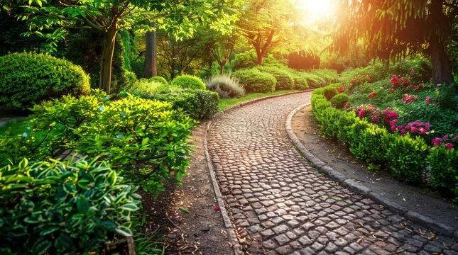 Scenic brick pathway through lush greenery at sunrise with golden light  
Seamless looping 4k time-lapse virtual video animation Generated AI