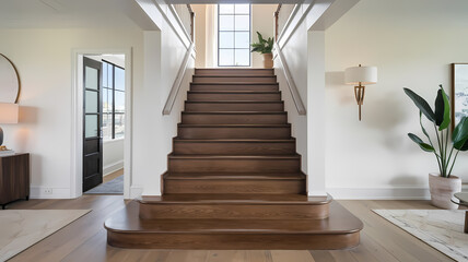 Fototapeta premium Modern entryway featuring elegant wooden staircase, plant accents, and stylish lighting for a warm, inviting atmosphere.