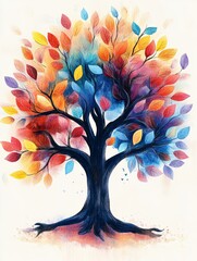 Watercolor painting of a colorful tree