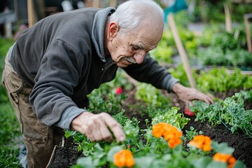An elderly man participating in community gardening projects, cultivating vegetables and flowers, fostering community spirit and sustainability 1
