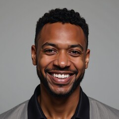 Fototapeta premium A beaming African American man exudes warmth and charisma against a neutral backdrop