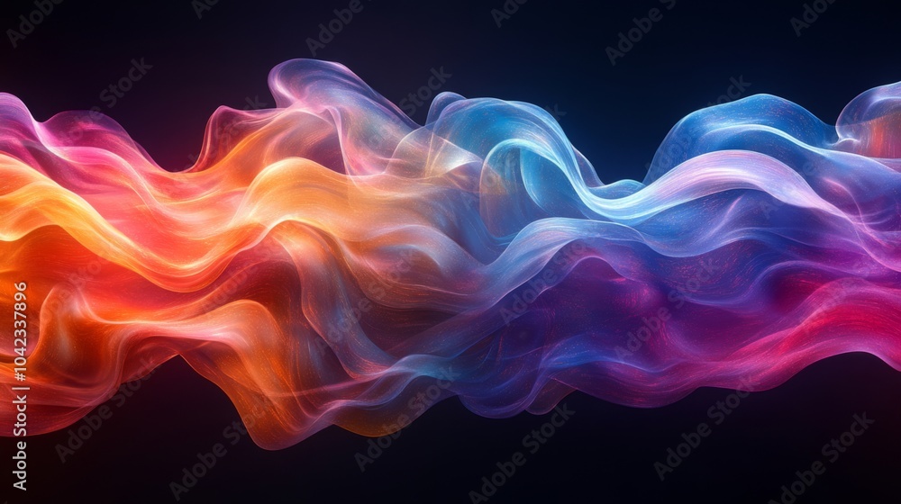 Poster Vibrant smoke waves swirl in a mesmerizing dance, showcasing a blend of colors ranging from orange to blue in a darkened backdrop, creating an enchanting visual effect.