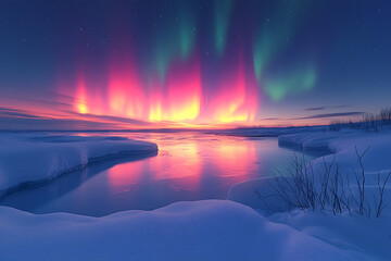 A mesmerizing display of northern lights shining over vast snow-covered plains, with vibrant colors reflecting in the stillness of the winter night.

