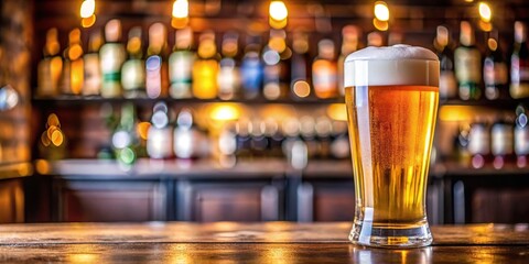 Delicious chilled beer glass on bar counter