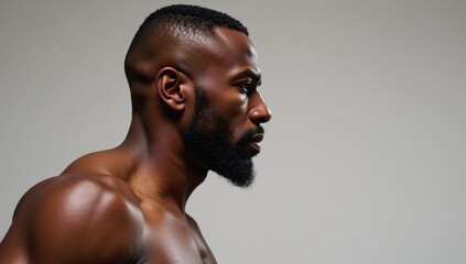 Detailed anatomical study depicts side-view profile of muscular African American man with accentuated veins