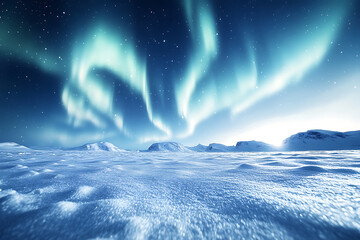 Fototapeta premium A mesmerizing display of northern lights shining over vast snow-covered plains, with vibrant colors reflecting in the stillness of the winter night.