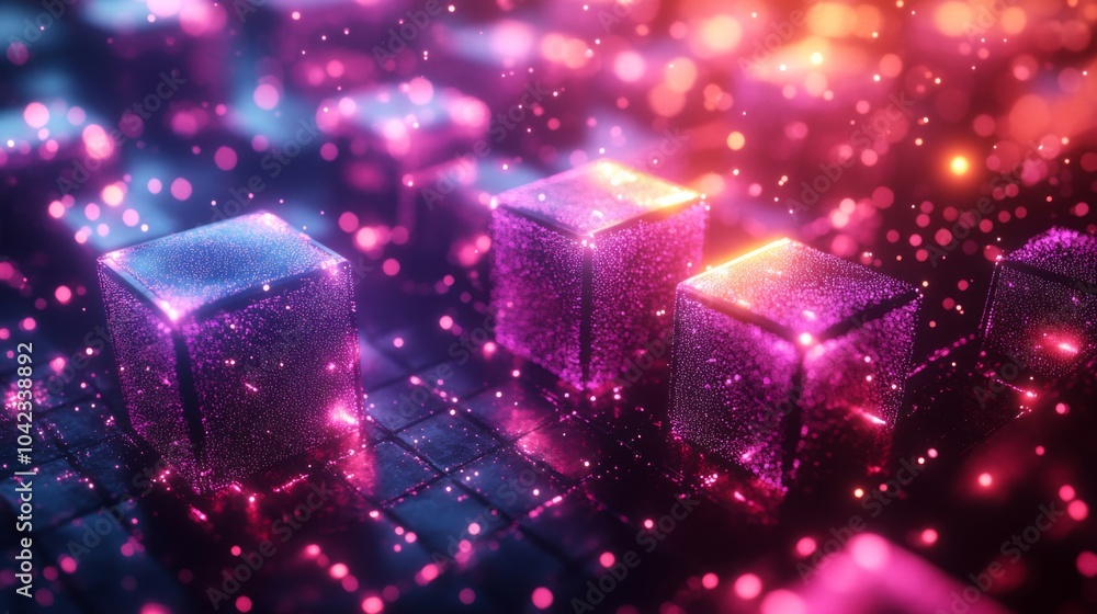 Poster In a mesmerizing digital environment, floating cubes emit vibrant neon colors, creating an enchanting atmosphere filled with glowing particles that dance around them.