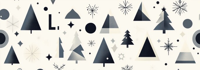 Minimalist geometric holiday pattern with trees and abstract shapes in black and gray on a light background, evoking a sense of modern winter elegance.