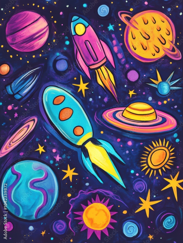 Poster a collection of playful cosmic doodles showcases rockets, planets, and stars, creating a vibrant uni