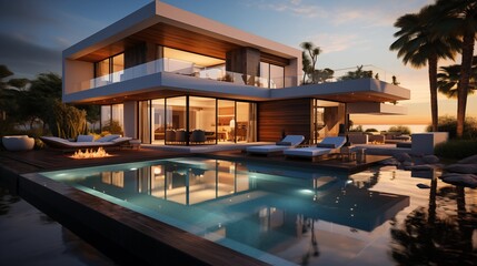 Fototapeta premium A sleek, minimalist cubic villa with a pool at sunset, capturing luxurious modern architecture.