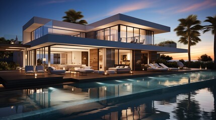 Fototapeta premium A chic cubic villa with a swimming pool, bathed in sunset light, offering a modern and luxurious outdoor experience.