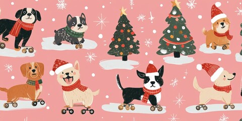 Adorable dogs wearing Christmas hats and scarves cheerfully roller skating in a whimsical holiday scene with 