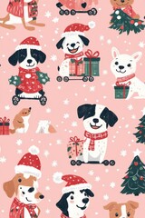 Festive Christmas scene with adorable dogs in holiday outfits on pink background with gifts and snowflakes