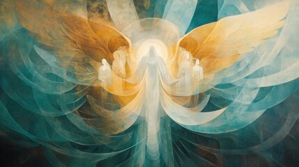 Ethereal angelic figures with golden wings in mystical light