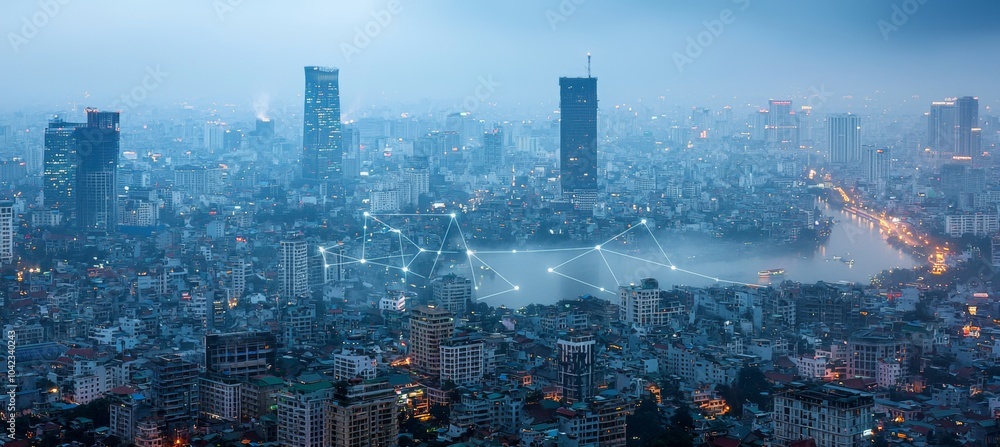 Poster smart city concept with wireless communication networks. digital network connection lines.