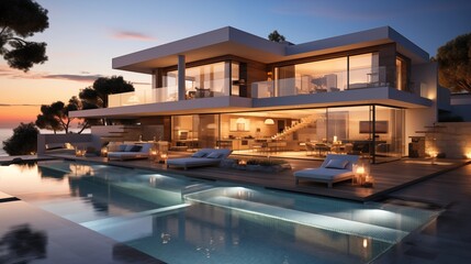 Fototapeta premium A stunning minimalist villa at sunset, featuring a cubic design and an inviting swimming pool, perfect for luxury living.
