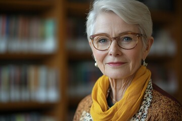 A retired woman volunteering at a local library, organizing book clubs and reading sessions, fostering a love for literature in her community 1
