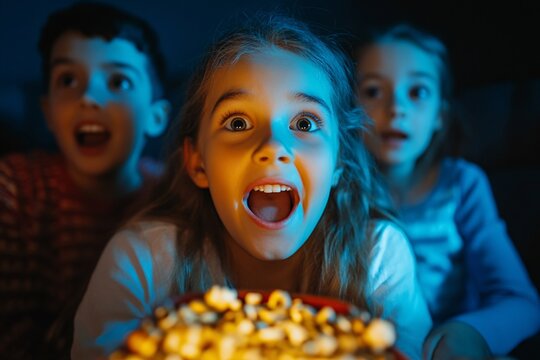 A teenage girl experiencing a thriller movie marathon with siblings, thrilling to suspenseful plot twists and cinematic surprises 2