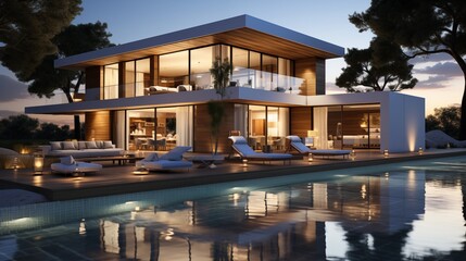 Fototapeta premium An elegant minimalist villa with a swimming pool, illuminated by sunset, showcasing modern architectural beauty.