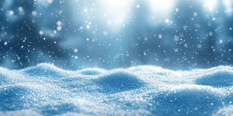 A serene winter landscape with gentle snow falling against a soft, blurred background of blue and white hues, evoking a sense of calm and tranquility in a peaceful and natural setting.