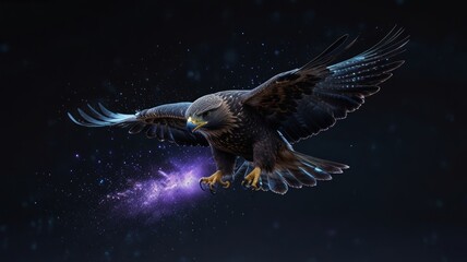 A majestic eagle soars through a cosmic sky, its powerful wings spread wide.
